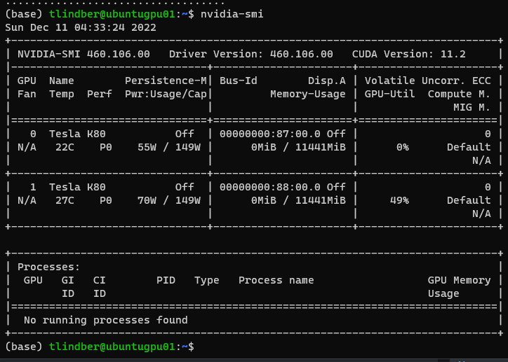 nvidia-smi output showing the Tesla K80 recognized on Ubuntu