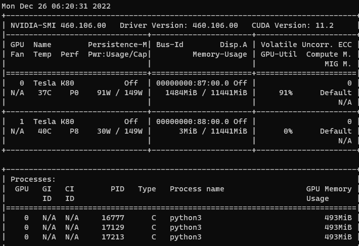nvidia-smi output for the Tesla K80 during the benchmark