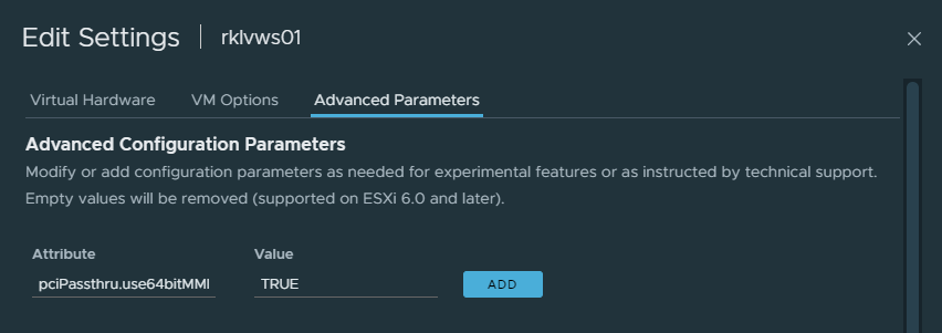 vSphere VM advanced configuration parameters, pciPassthru.use64bitMMIO