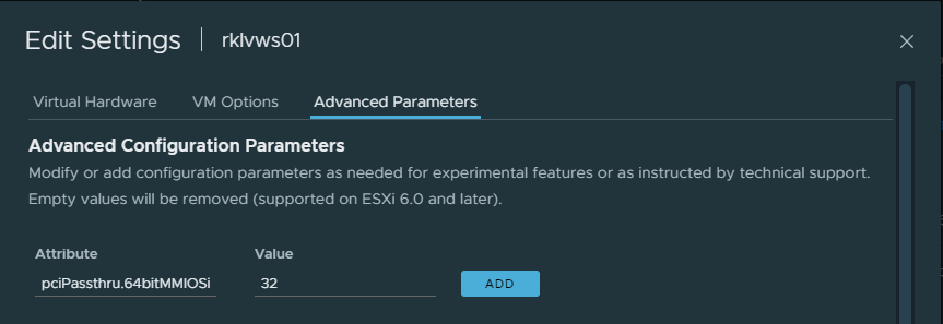 vSphere VM advanced configuration parameters, pciPassthru.64bitMMIOSizeGB